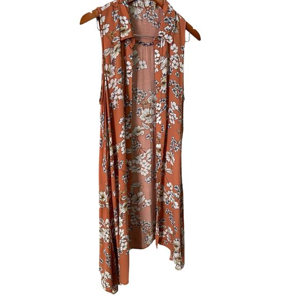 Women's Peach Floral Sleeveless Button Up Tunic Top Long Line Blouse Bohemian - Picture 9 of 10